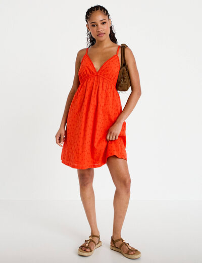 Robe courte &eacute;vas&eacute;e col v bretelles orange fonc&eacute; femme