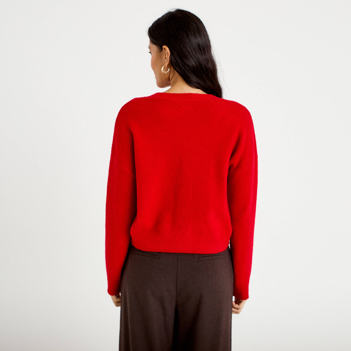 Gilet brod&eacute; col v manches longues rouge femme