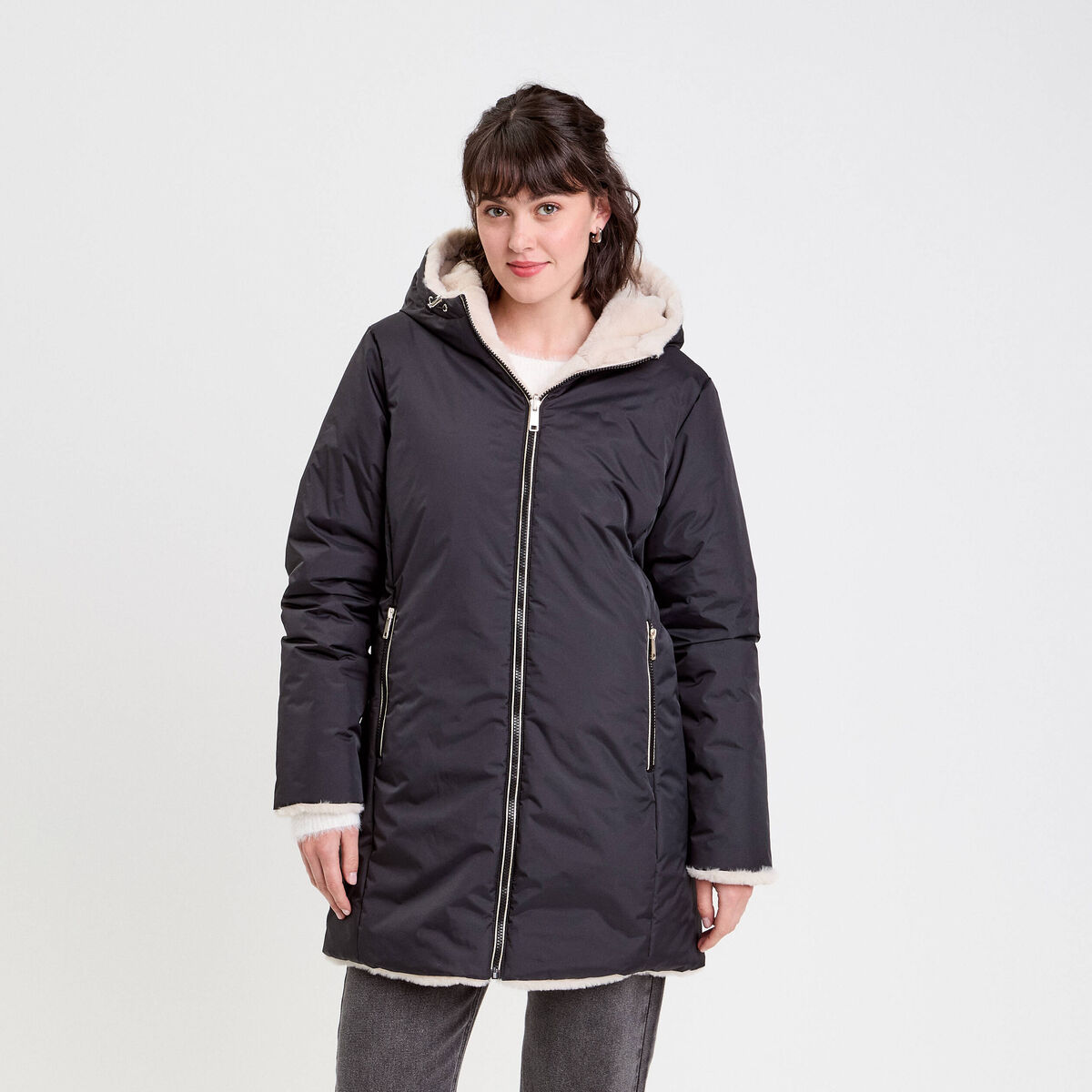 Parka r&eacute;versible &agrave; capuche noir femme