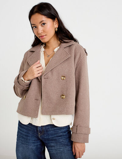 Trench droit court col tailleur taupe femme