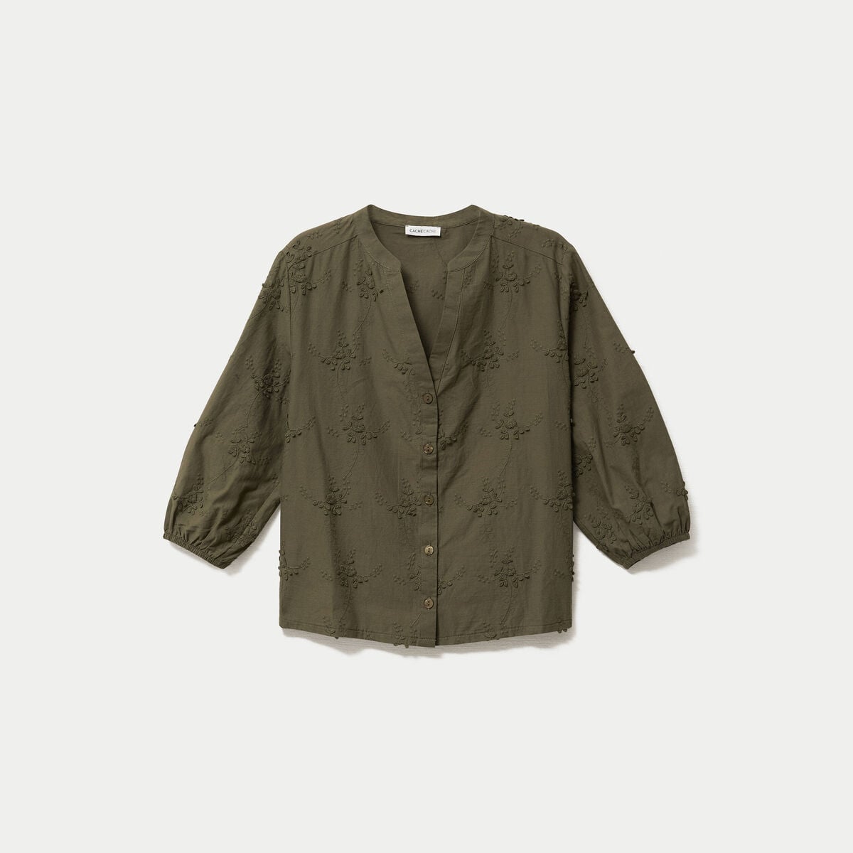Blouse brod&eacute;e col mao manches 3/4 vert kaki femme