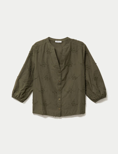 Blouse brod&eacute;e col mao manches 3/4 vert kaki femme