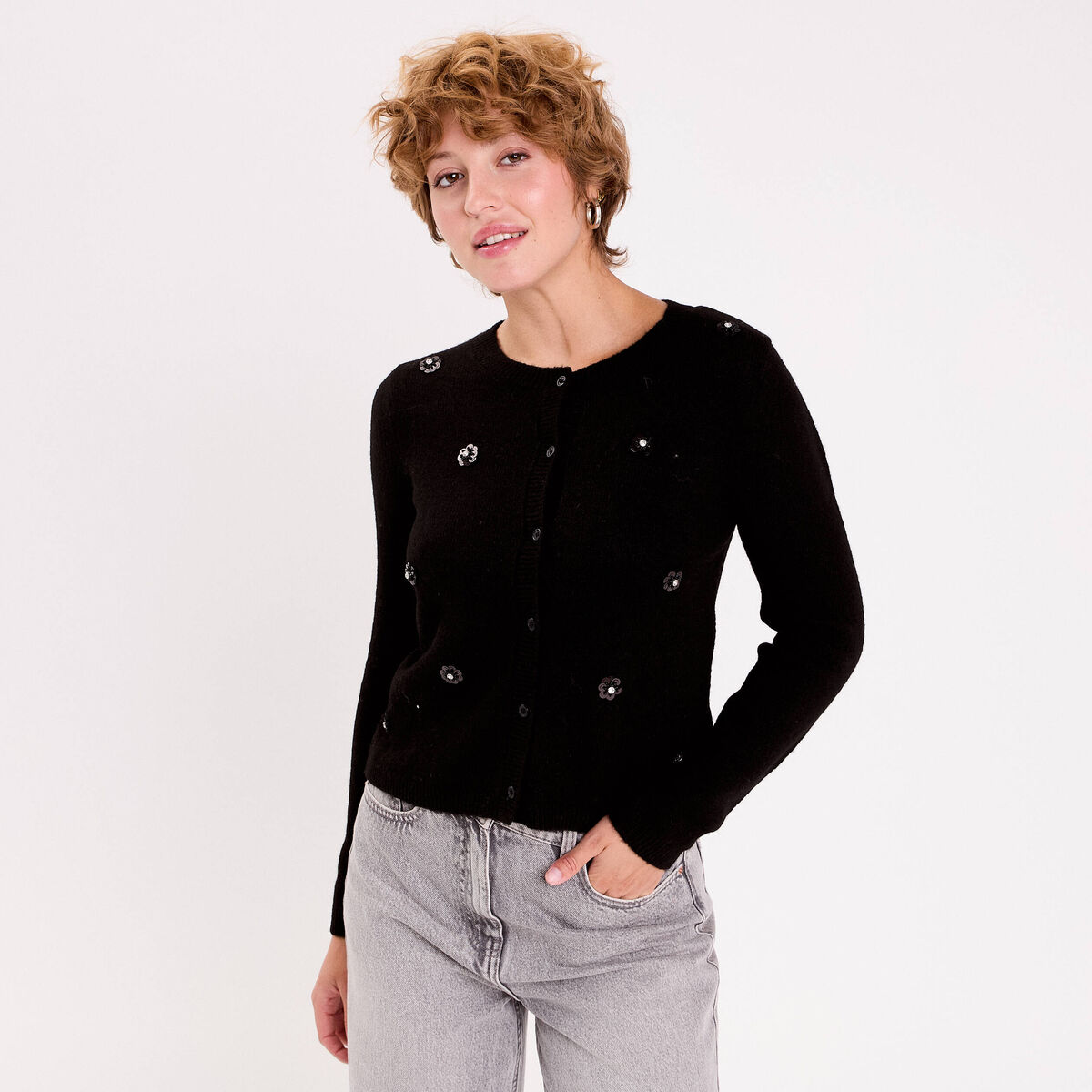 Gilet fleurs en sequins noir femme
