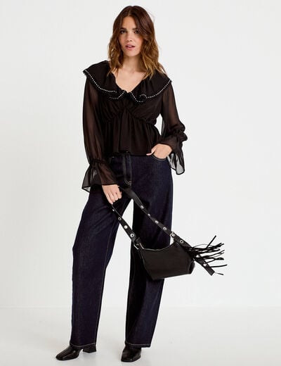 Blouse col claudine bas resserr&eacute; noir femme
