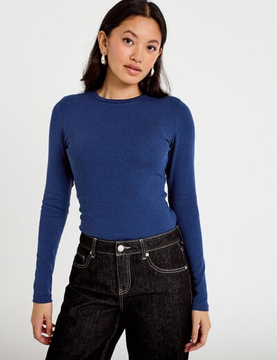 T-shirt cintr&eacute; col rond manches longues bleu fonc&eacute; femme