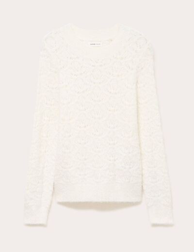 Pull ajour&eacute; col rond manches longues ecru femme