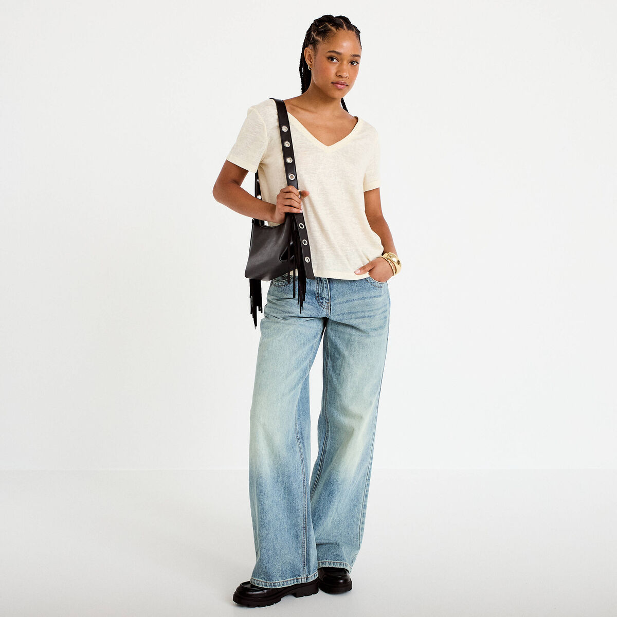 T-shirt col v dentelle manches courtes couleur or femme