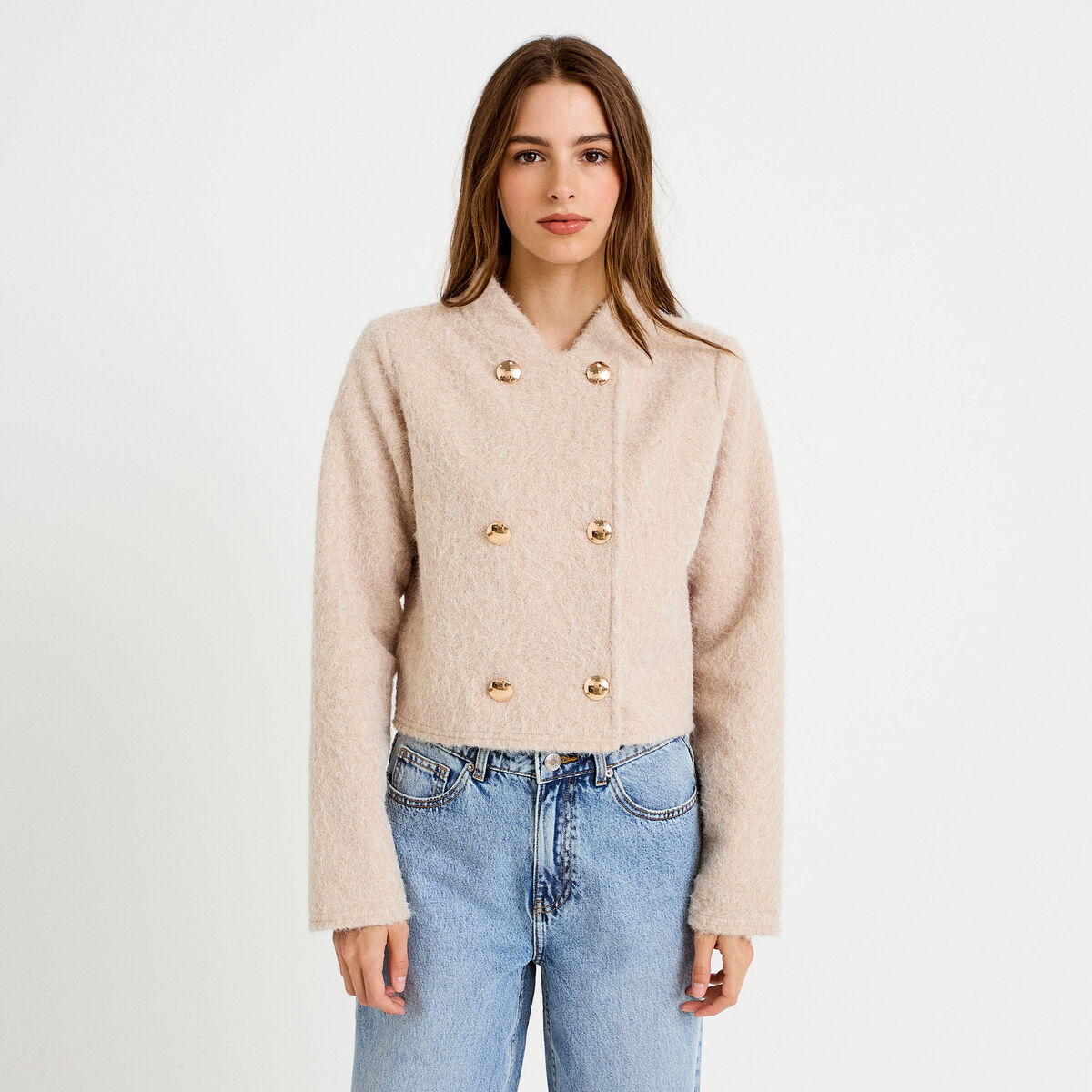 Veste droite cropped effet polaire ivoire femme