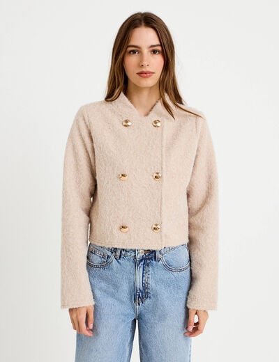 Veste droite cropped effet polaire ivoire femme