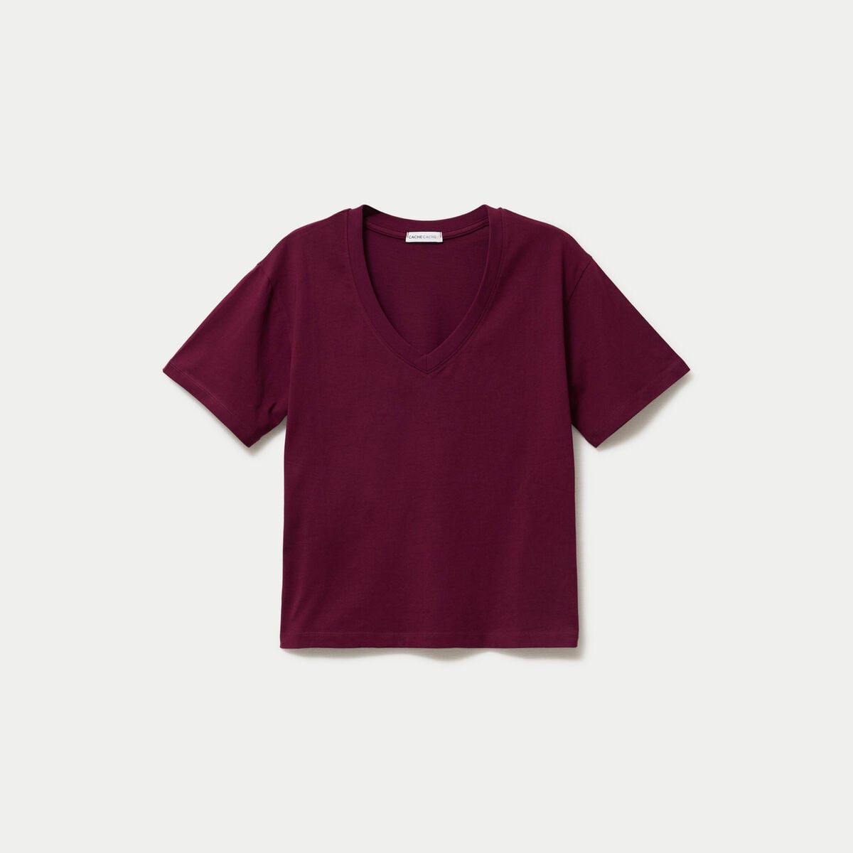 T-shirt col v manches courtes bordeaux femme
