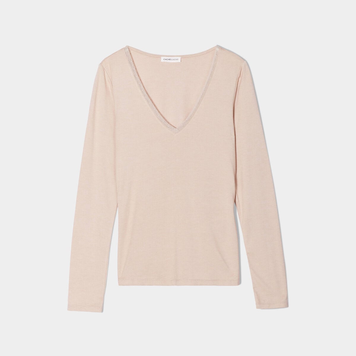 T-shirt thermique col en V plumetis sable femme