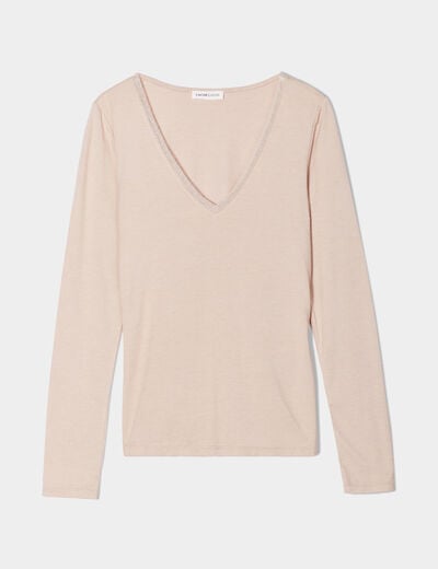 T-shirt thermique col en V plumetis sable femme