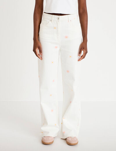 Jean wide leg taille haute &agrave; motif blanc femme