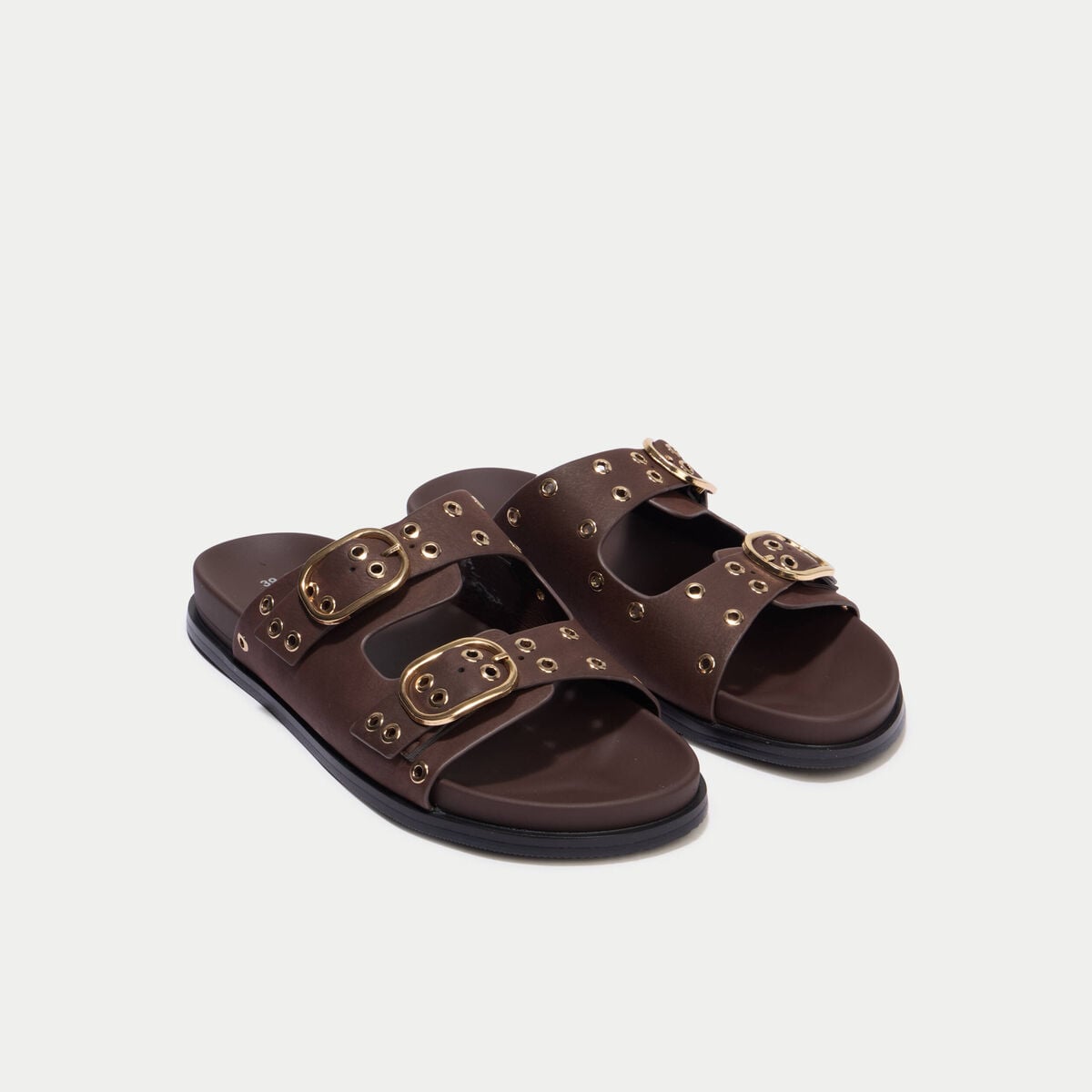 Mules d&eacute;tails clout&eacute;s marron fonc&eacute; femme