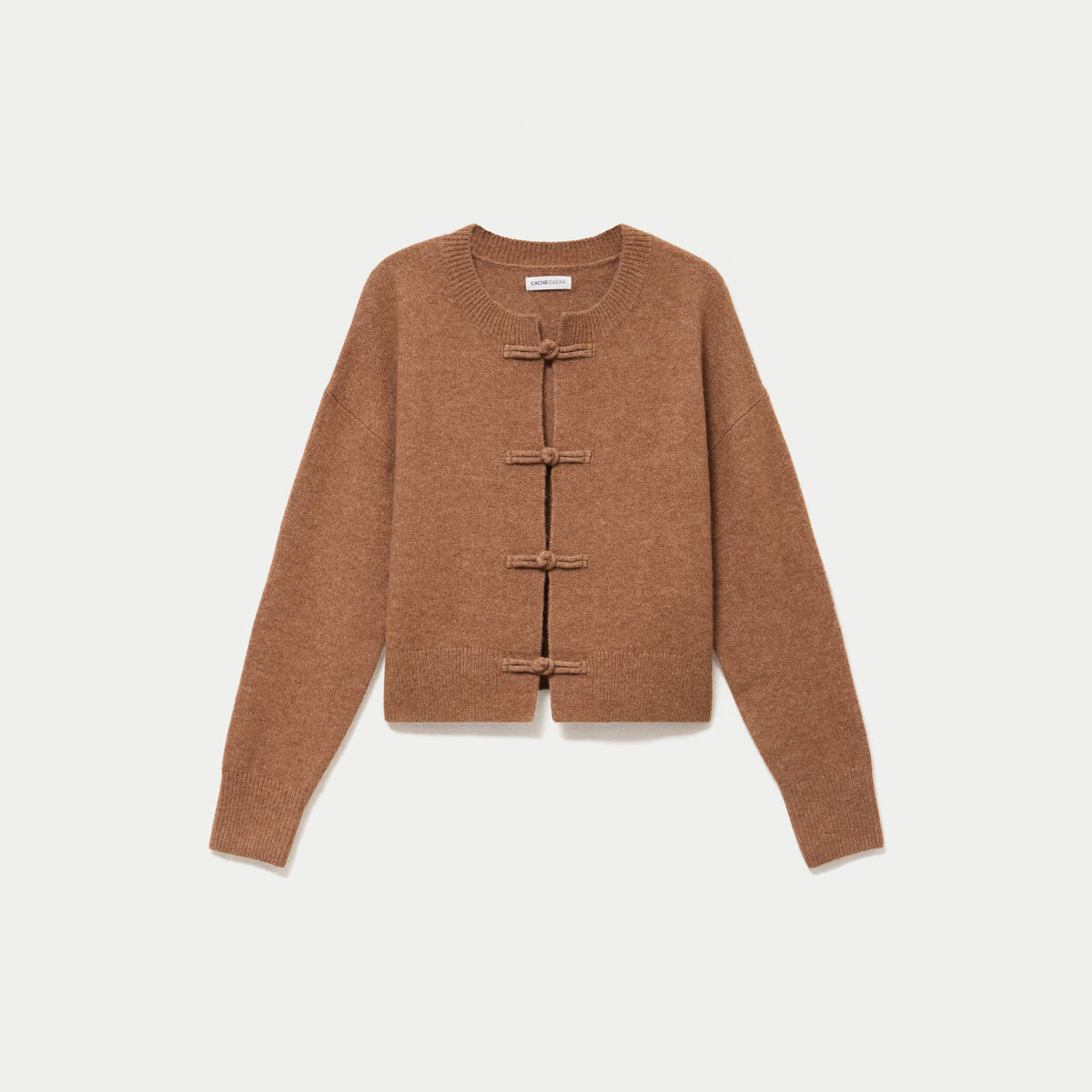 Gilet col rond manches longues avec lien camel femme