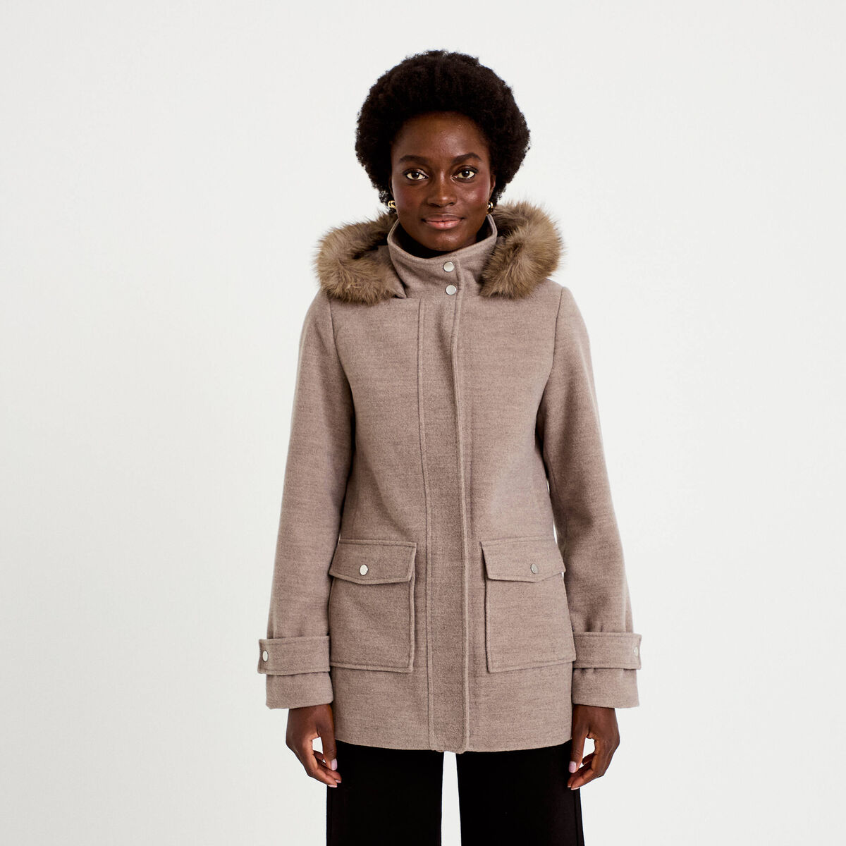 Manteau mi-long &agrave; capuche taupe femme