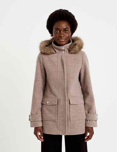 Manteau mi-long &agrave; capuche taupe femme