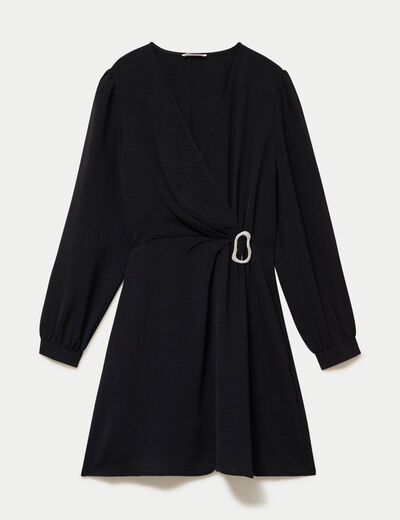 Robe courte &eacute;vas&eacute;e col v manches longues noir femme
