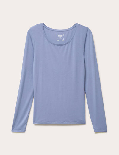 T-shirt uni &agrave; manches longues bleu gris femme
