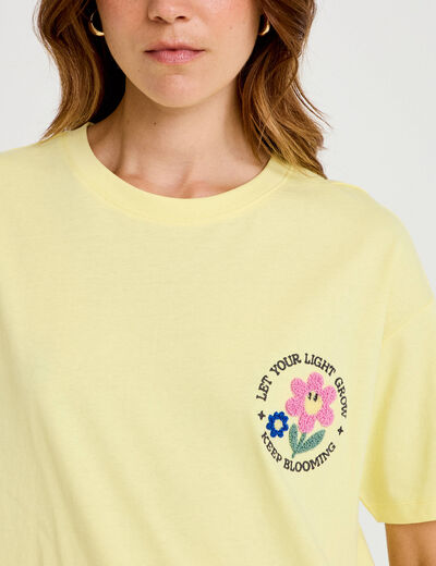 T-shirt bouclettes manches courtes jaune pastel femme