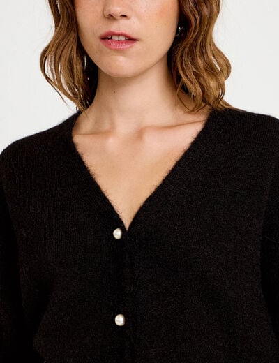 Gilet court ajust&eacute; col v manches longues noir femme