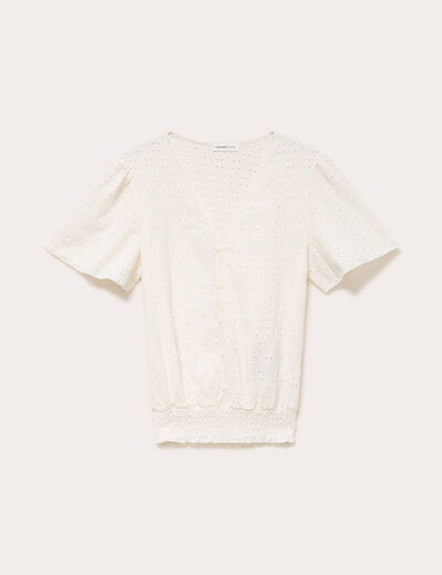 Blouse ajour&eacute;e col v manches courtes ecru femme