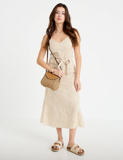 Robe droite 3/4 col v fines bretelles beige moyen femme