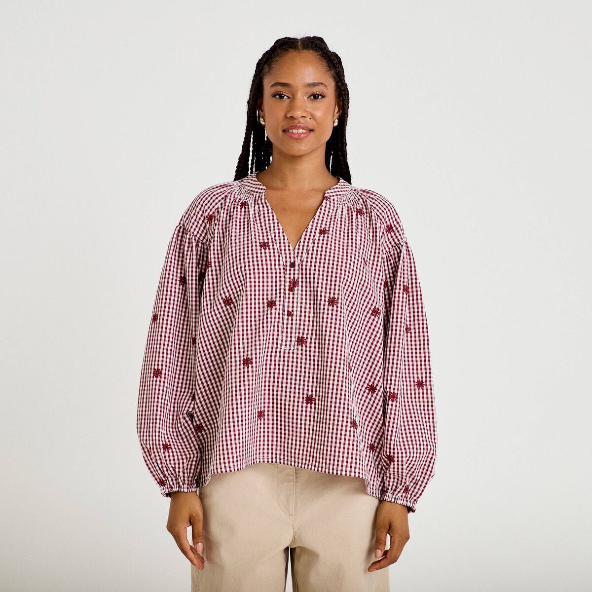 Blouse vichy brod&eacute;e rouge femme