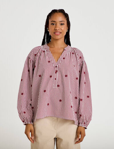 Blouse vichy brod&eacute;e rouge femme
