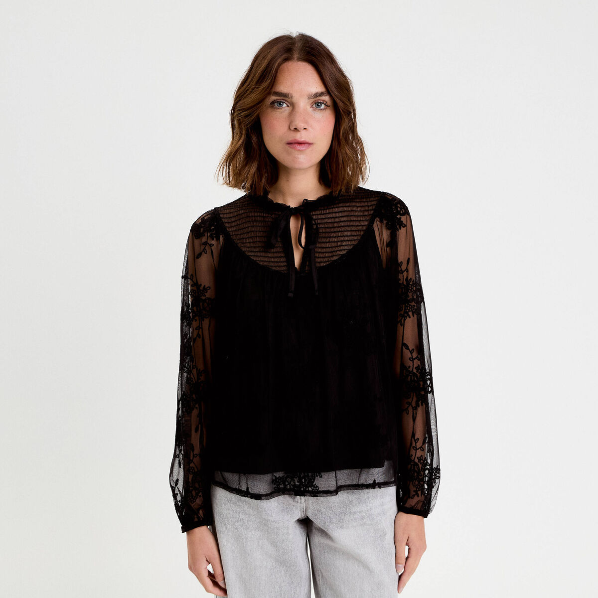 Blouse dentelle manches longues noir femme