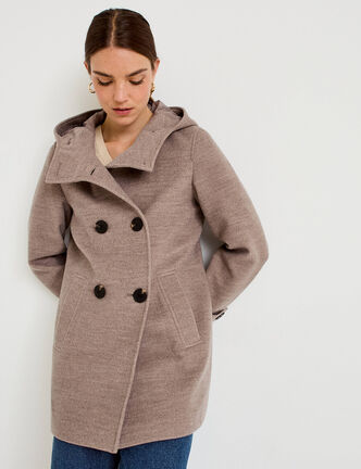 Manteau ajust&eacute; 3/4 &agrave; capuche taupe femme