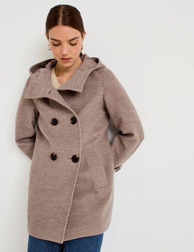 manteau ajust&eacute; 3/4 &agrave; capuche taupe femme