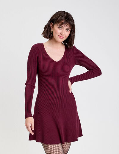 Robe tricot patineuse c&ocirc;tel&eacute;e bordeaux femme