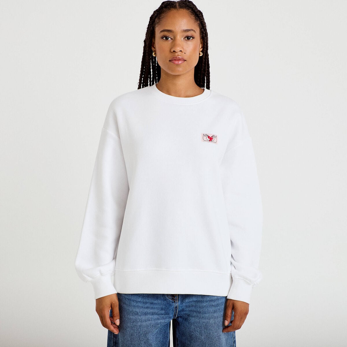 Sweat oversize col rond manches longues blanc femme