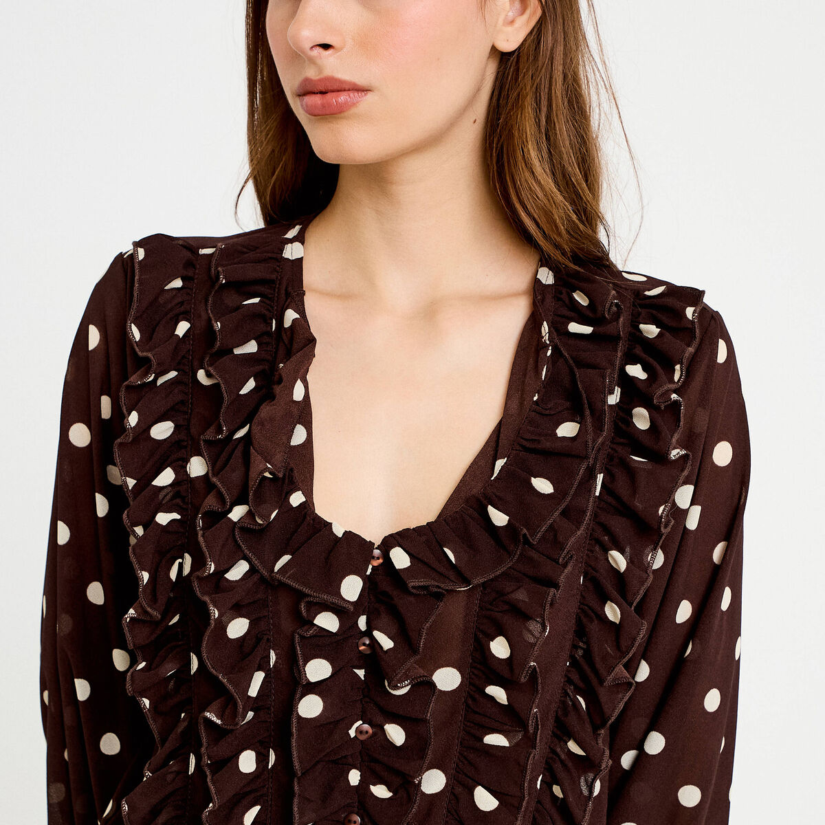 Blouse droite col v manches longues marron femme