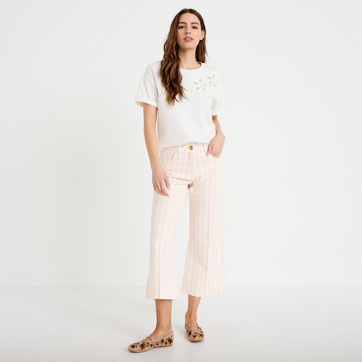 T-shirt col rond manches courtes ecru femme