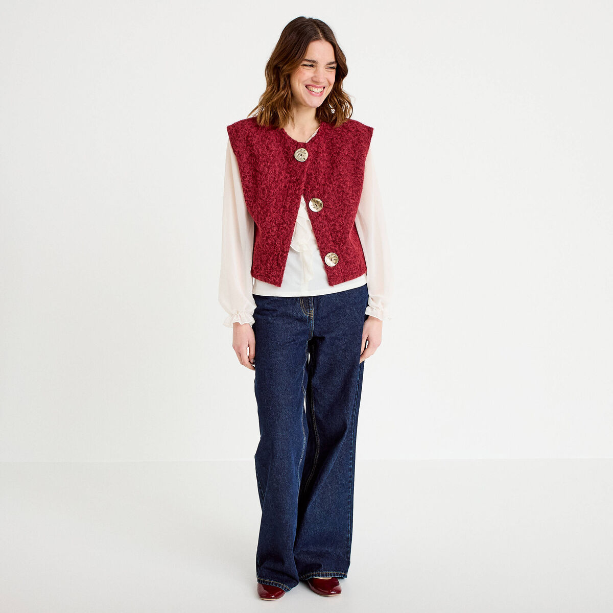 Blouse col v manches longues ecru femme