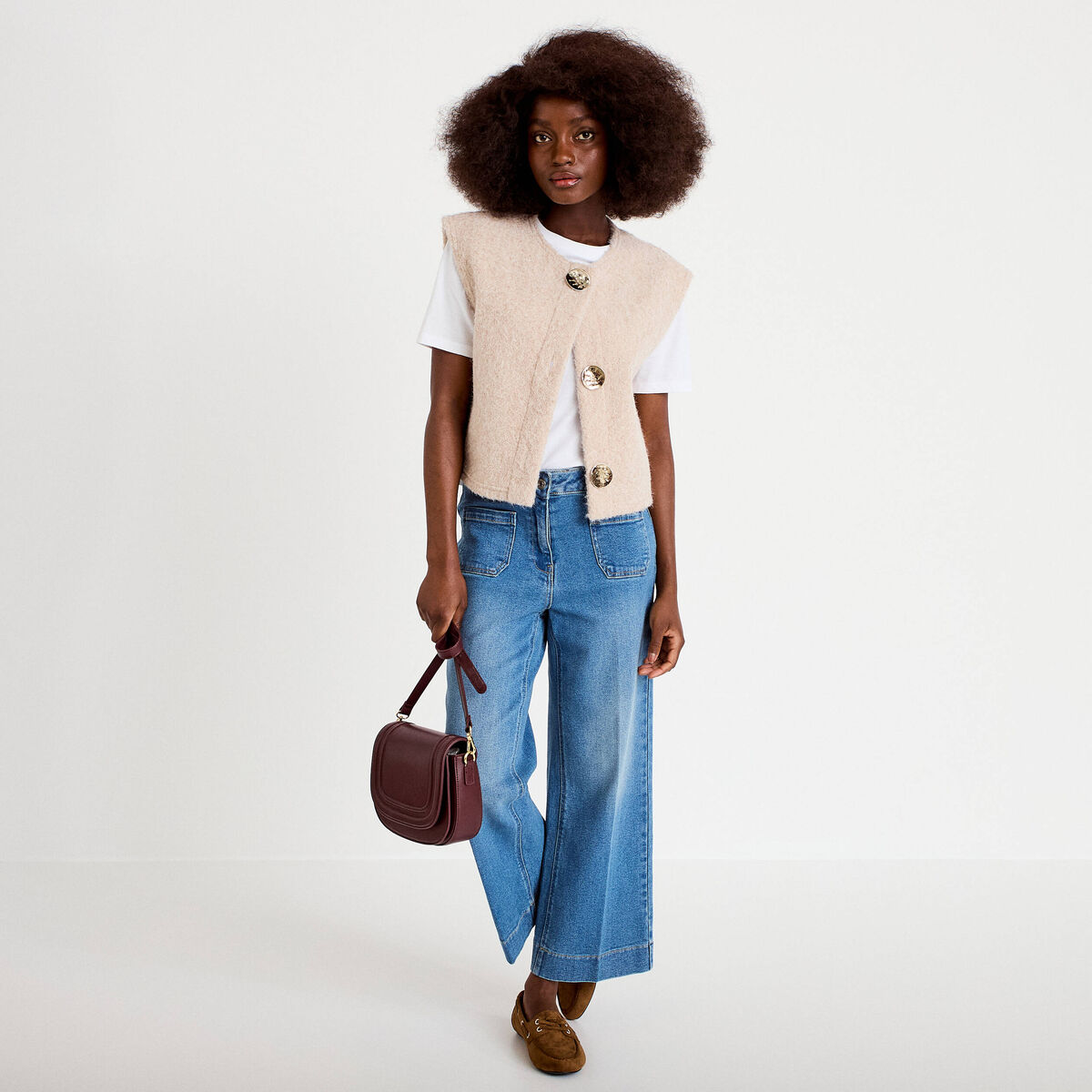 Jean wide leg cropped taille haute denim double stone femme