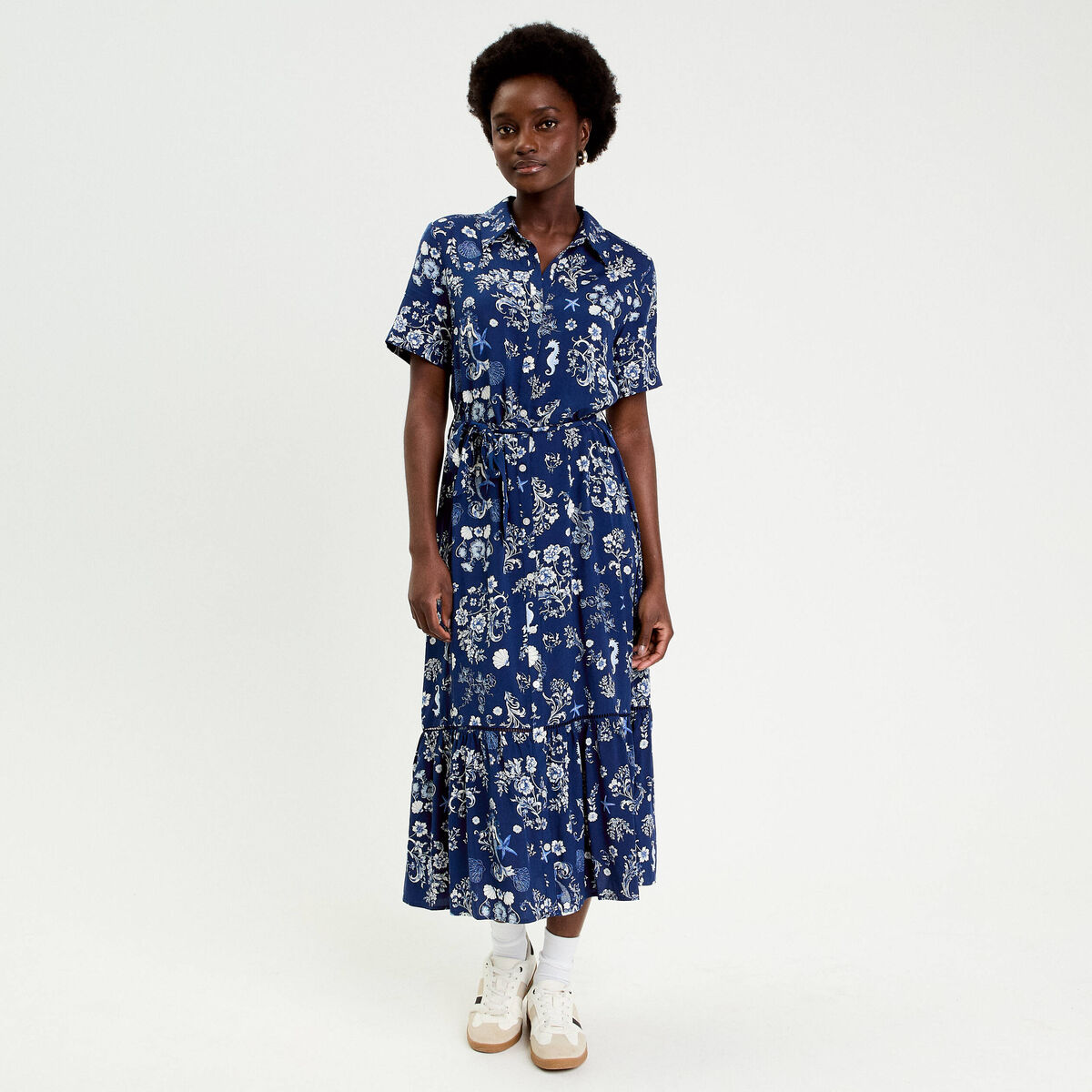 Robe longue col chemise bleu marine femme