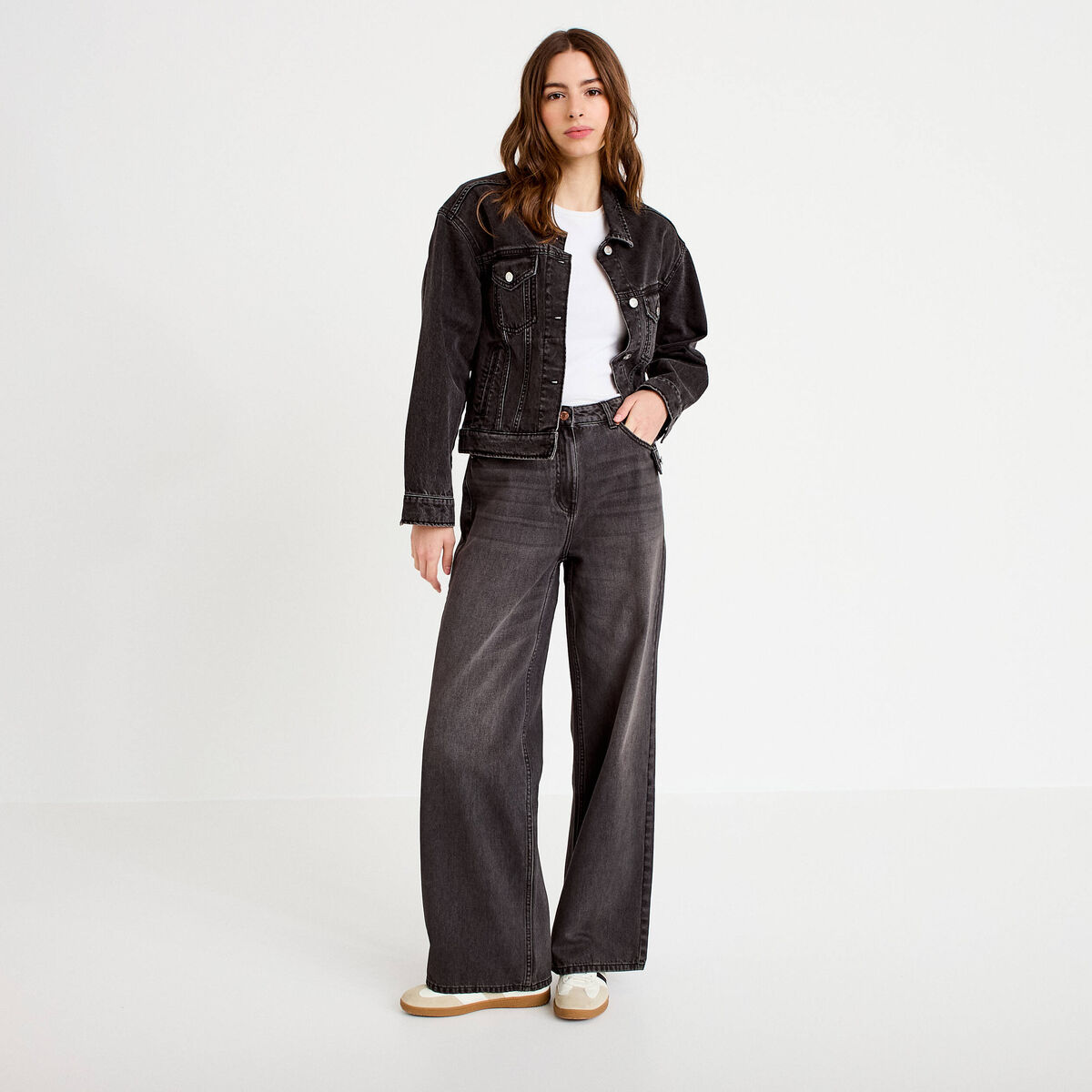 Jeans wide leg taille haute denim noir femme