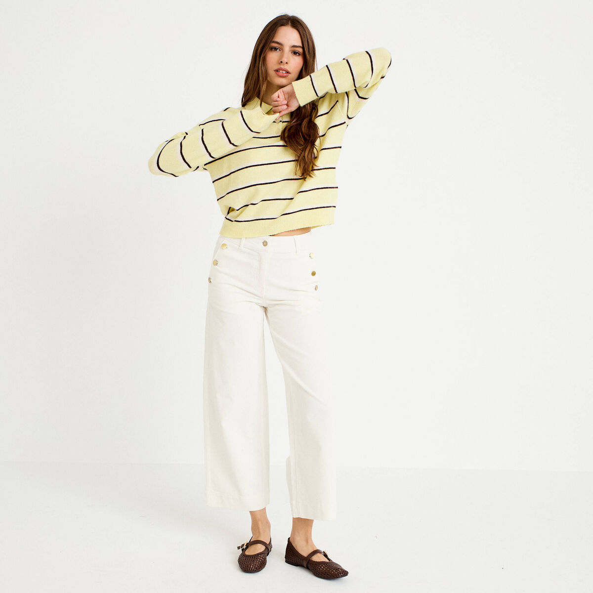 Pantalon taille haute velours ecru femme