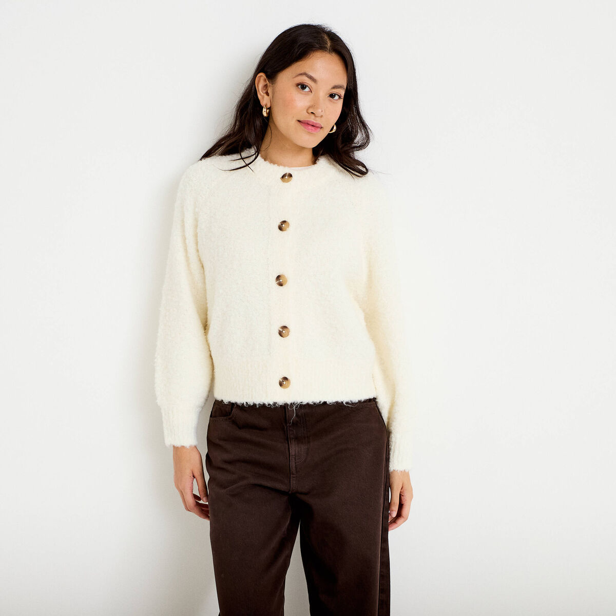 Gilet bouclette col rond manches longues ivoire femme