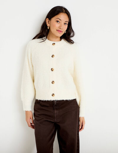Gilet bouclette col rond manches longues ivoire femme
