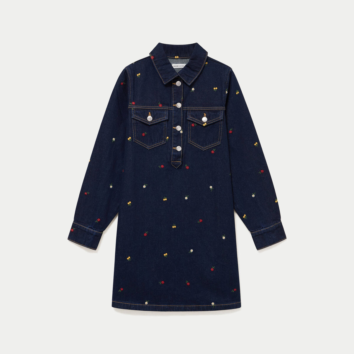 Robe courte droite en jean brod&eacute;e bleu marine femme