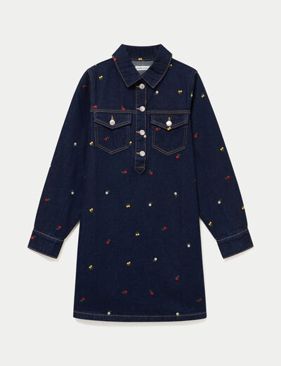 Robe courte droite en jean brod&eacute;e bleu marine femme