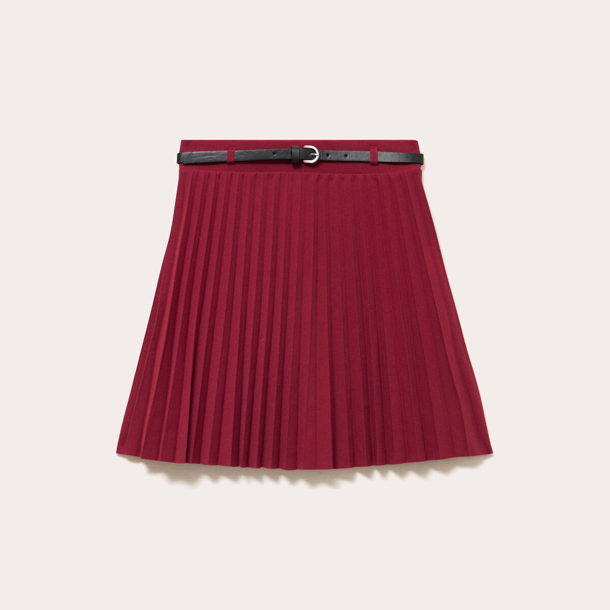 Jupe &eacute;vas&eacute;e pliss&eacute;e ceintur&eacute;e rouge fonc&eacute; femme