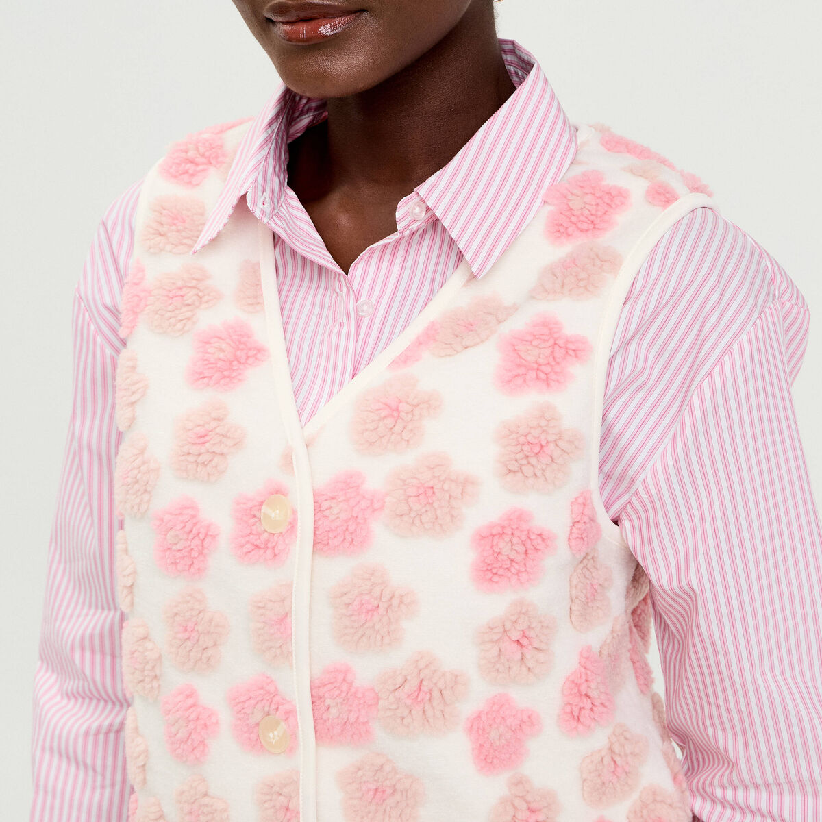 Gilet sans manches &agrave; motif effet polaire ecru femme