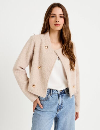 Veste droite cropped effet polaire ivoire femme