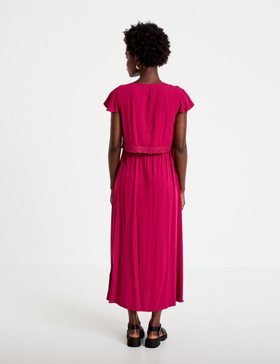 Robe longue droite col v manches courtes rouge femme