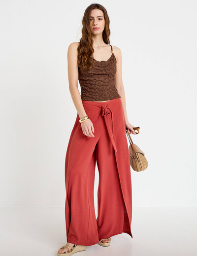 Pantalon large taille haute fluide vieux rose femme